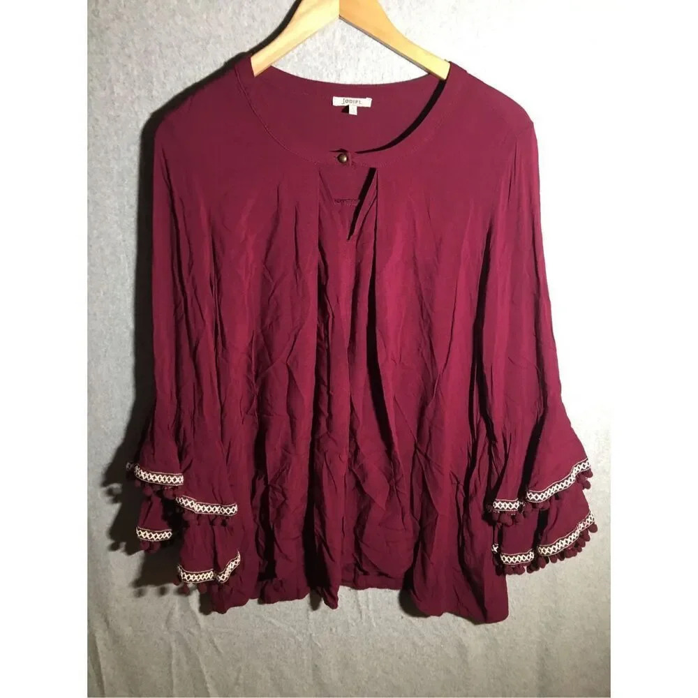 Womens Jodifl Blouse Bell Ruffle Sleeves Fringe Maroon Color Business Casual
